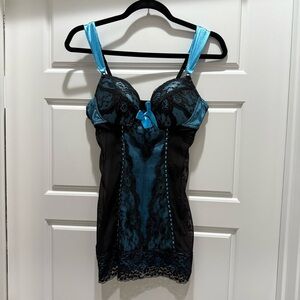 Icollection Black and Blue Lace Bow Lingerie Dress Intimate Seductive Medium